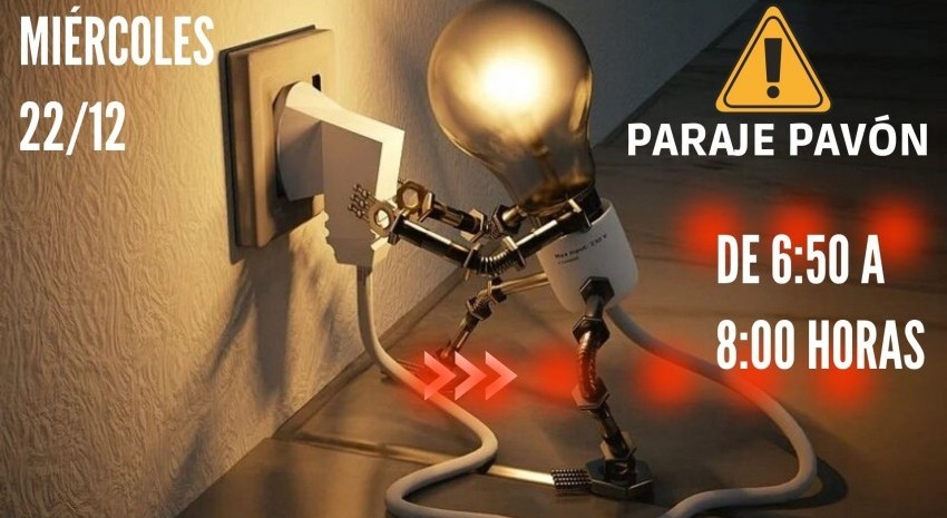 Mañana habrá corte de energía en Pavón de 6:50 a 8 horas