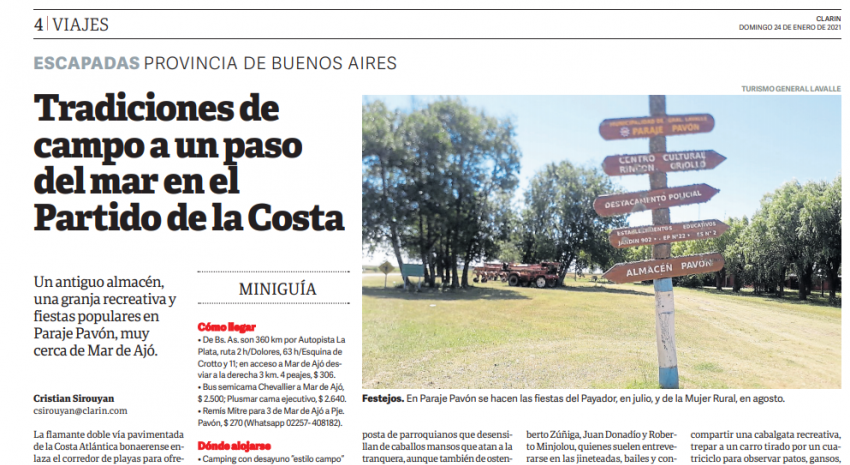 El Paraje Pavón salió como nota destacada en el suplemento Viajes de